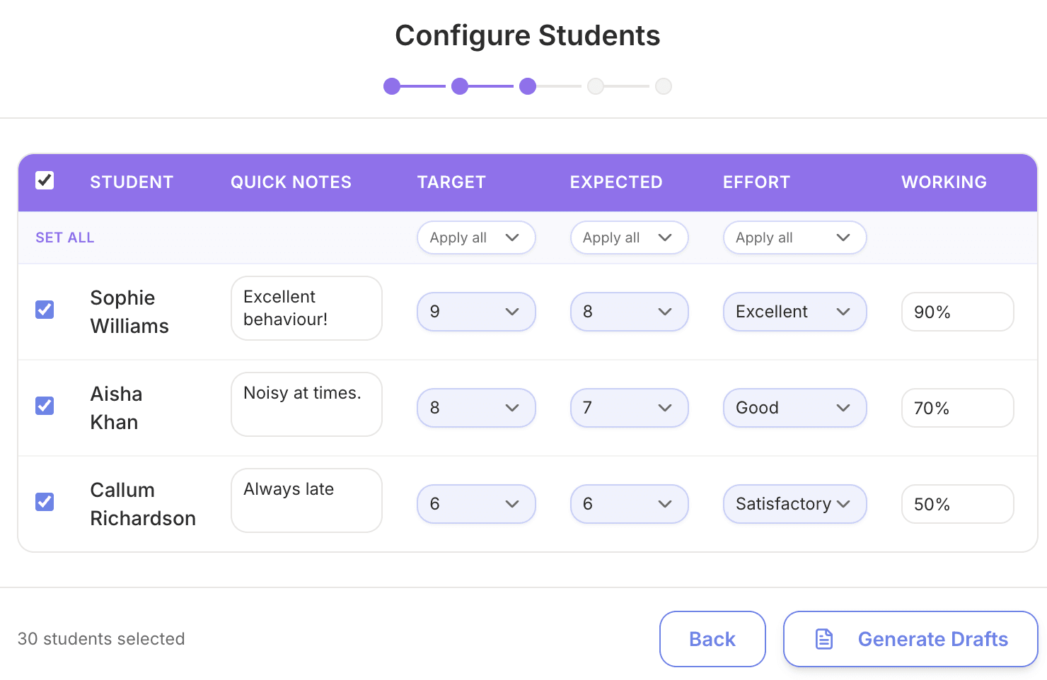 Generate class reports