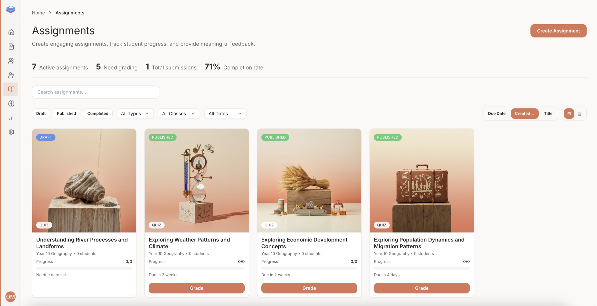Dolly AI Teaching Assistant dashboard showing assignment creation, grading, and student progress tracking