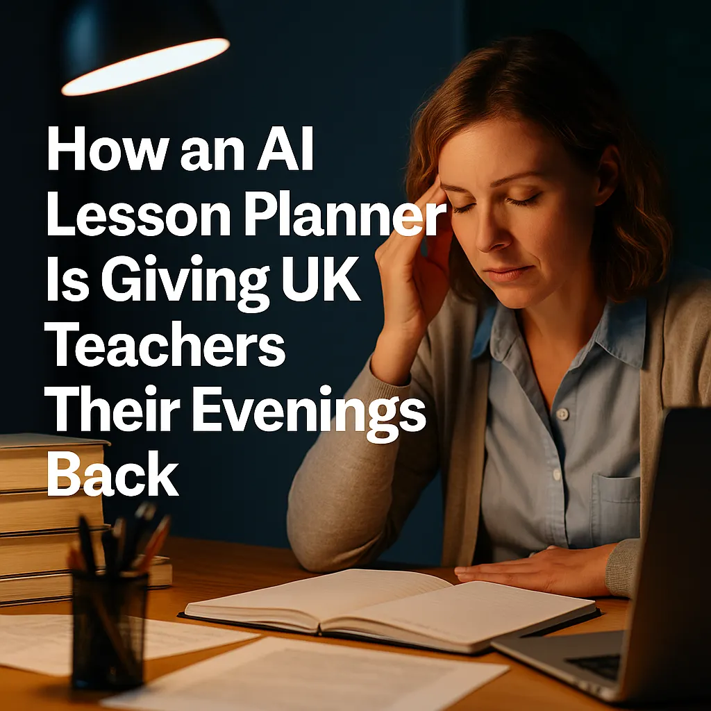 Exhausted teacher working late on lesson plans.