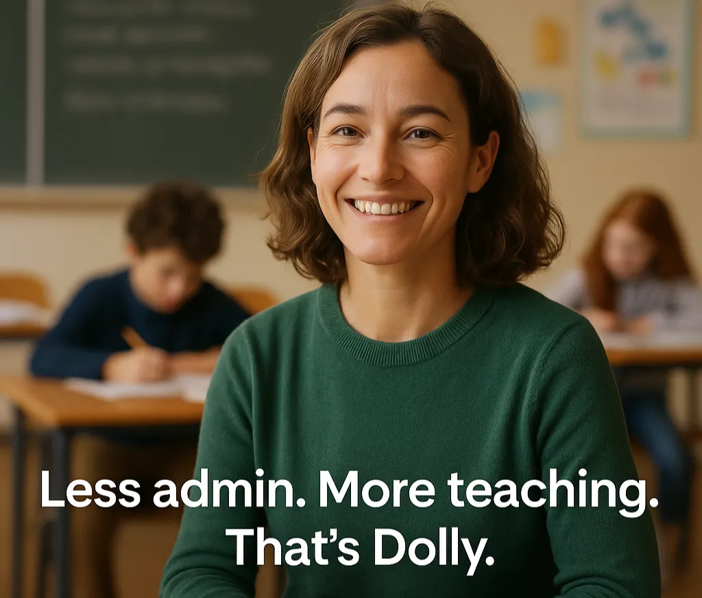 Illustration of teacher being happy with Dolly help.