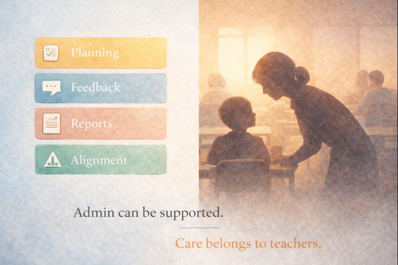 Illustration showing AI supporting planning and admin tasks while teaching relationships remain human.