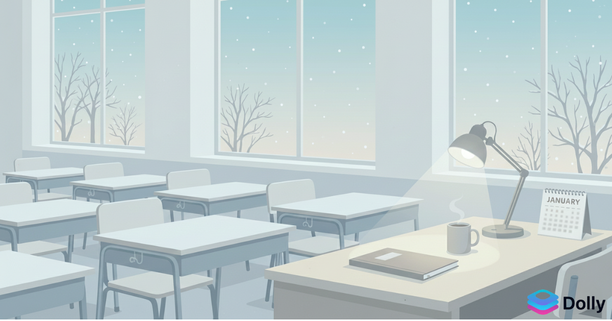 Empty classroom in January symbolising the transition back to the spring term for teachers.