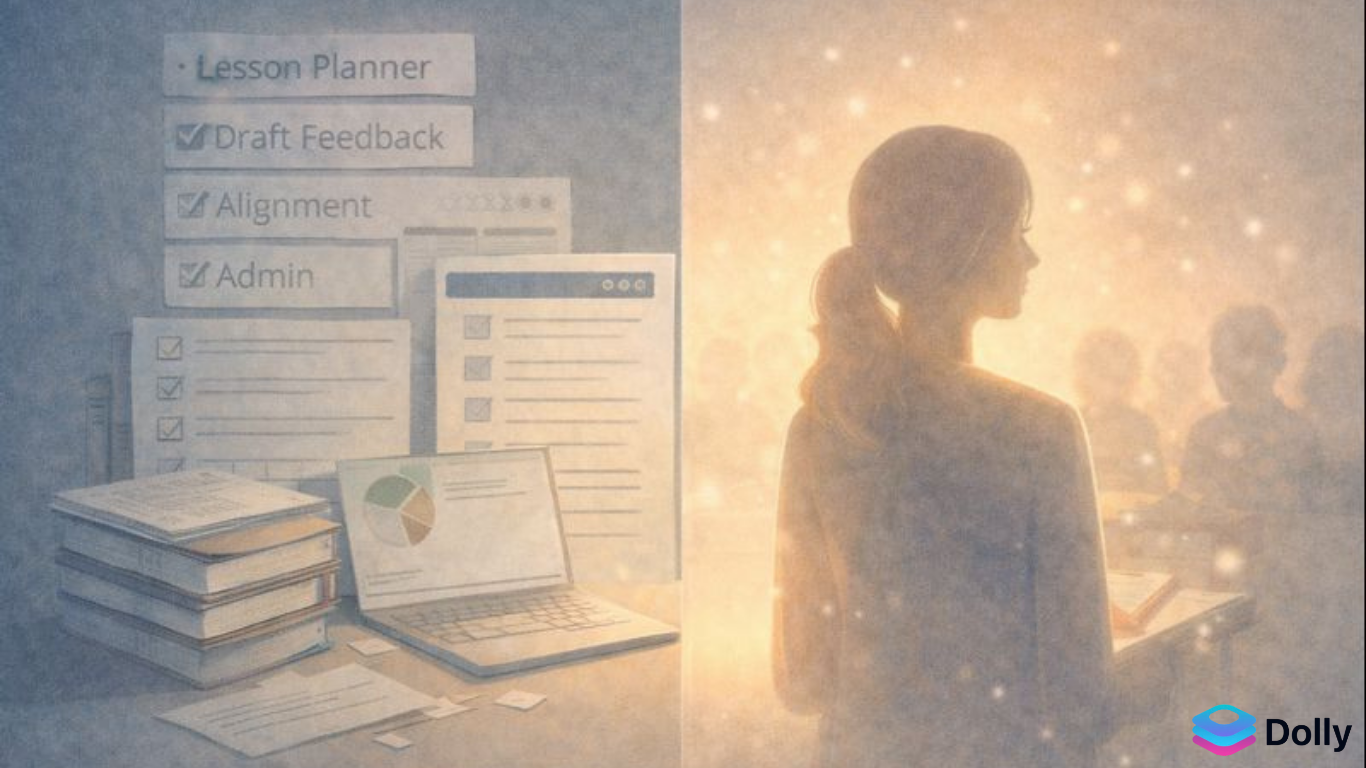 Illustration showing admin tasks supported by tools while teaching remains human-focused.