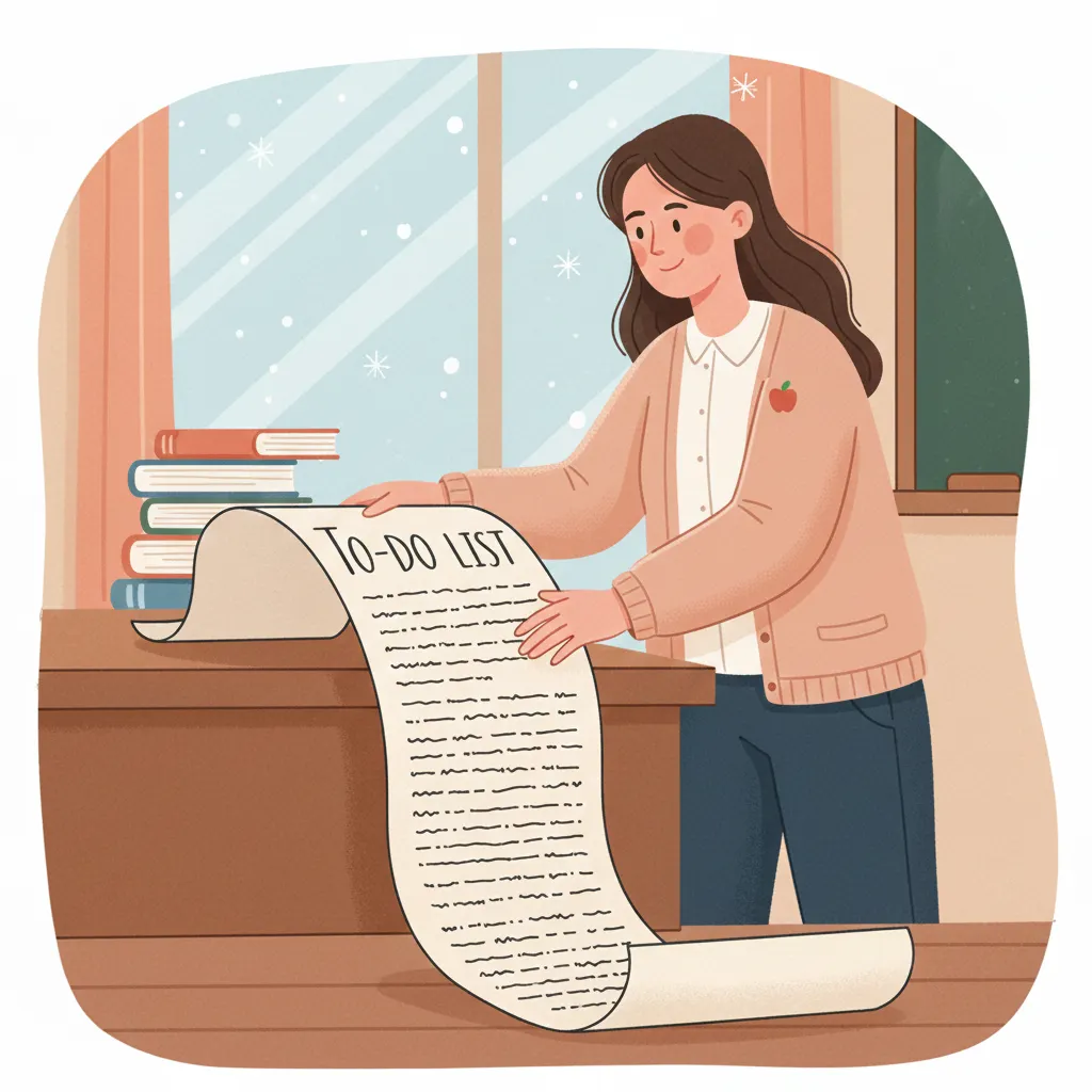 Teacher reviewing a long to-do-list at their desk during the end-of-term rush.