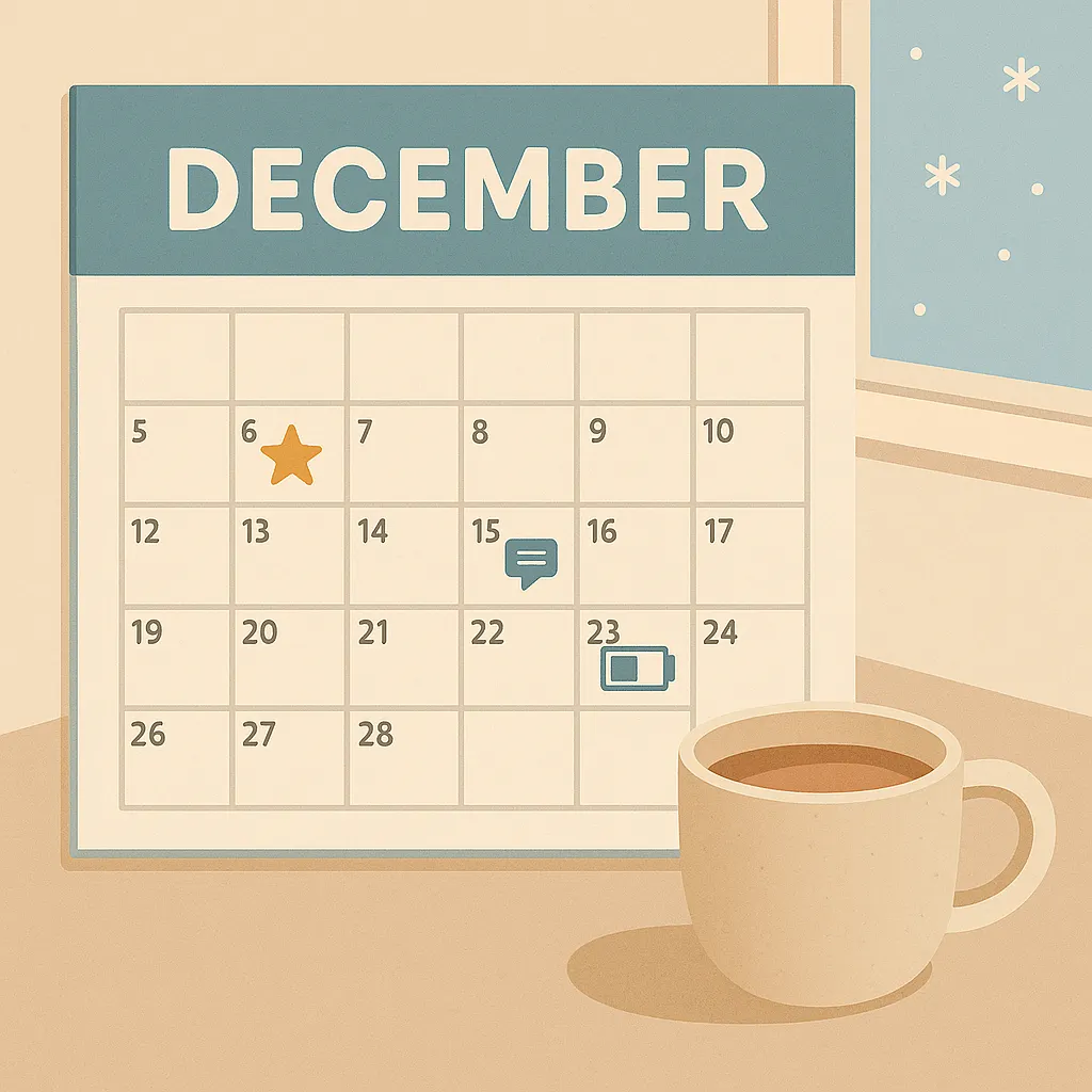 December school calendar showing busy and exhausting final week of this year.