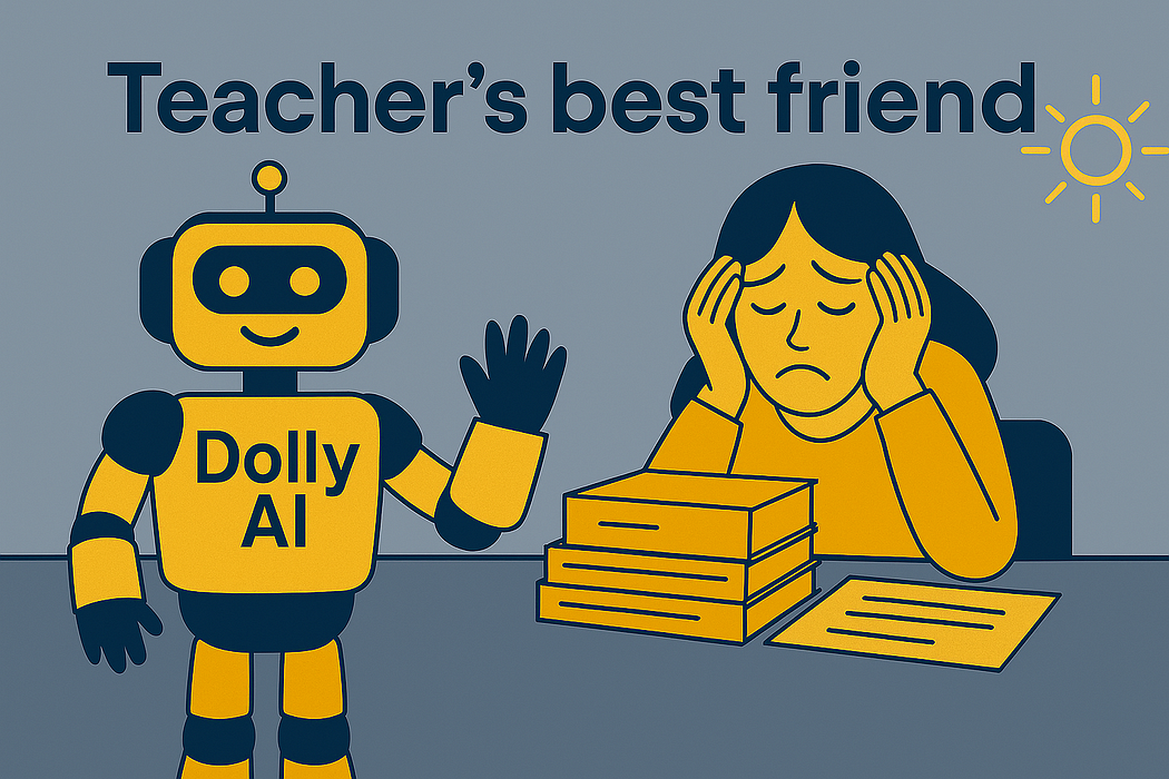 Illustration of a tired teacher overwhelmed with paperwork while Dolly AI, a friendly robot assistant, offers support to help reduce teacher workload.