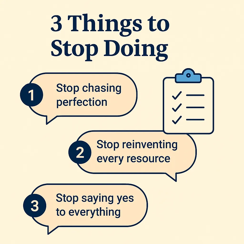 Graphic showing three negative habits teachers should let go during October.