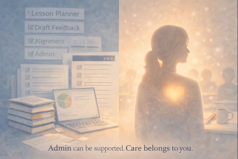 Illustration showing teaching admin tasks supported by tools while human care and judgement remain with the teacher.