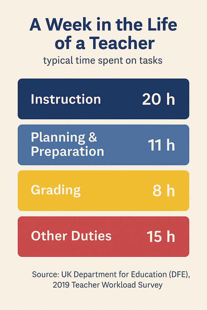 A typical teacher workweek extending beyond classroom hours, demonstrating how Dolly AI reduces workload and supports teacher wellbeing