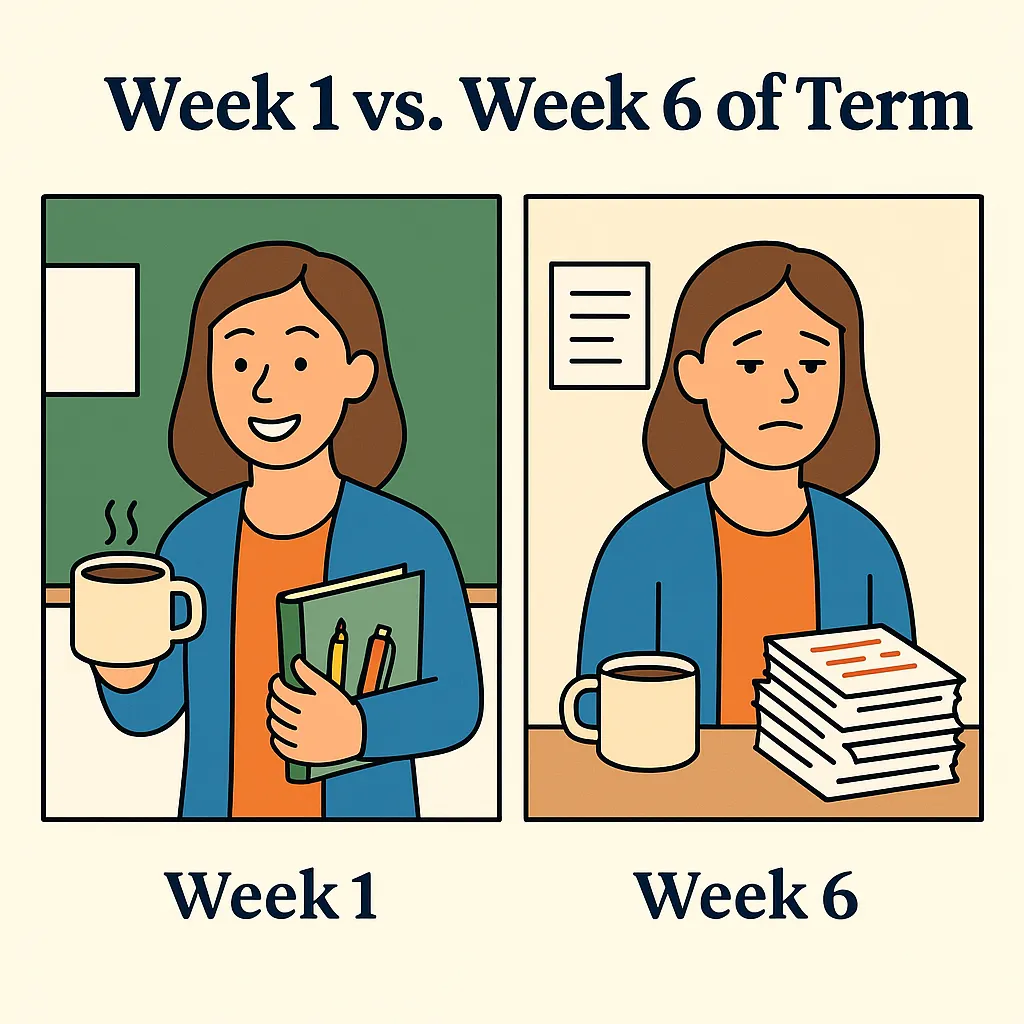 Illustration symbolising teachers fatigue during the October mid-term slump.