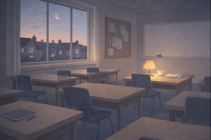 Empty classroom at the end of the school year, symbolising reflection, gratitude, and rest for teachers.