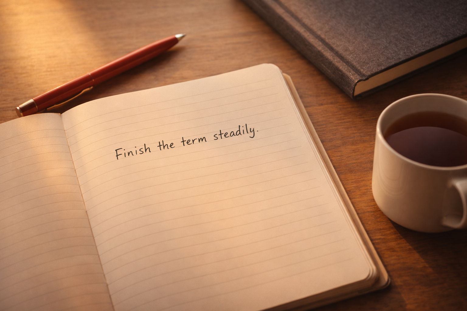 illustration of note book of a teacher saying finish the term steadily