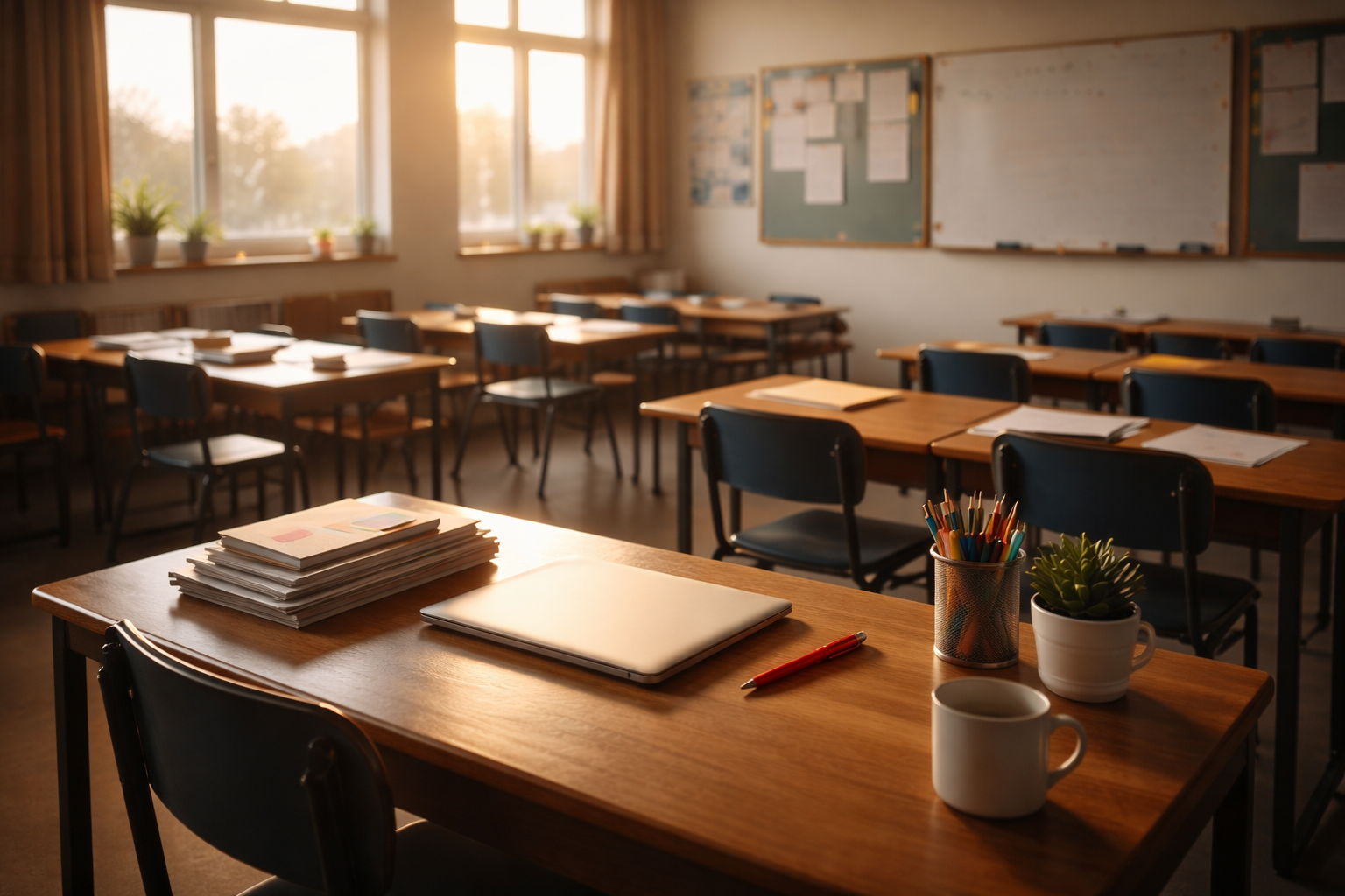 illustration of empty school classroom after school hours.