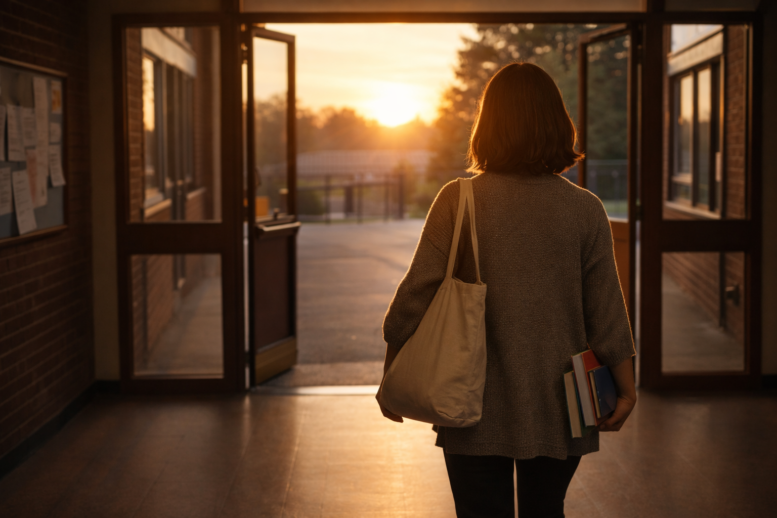 teacher leaving the school after workday calmly