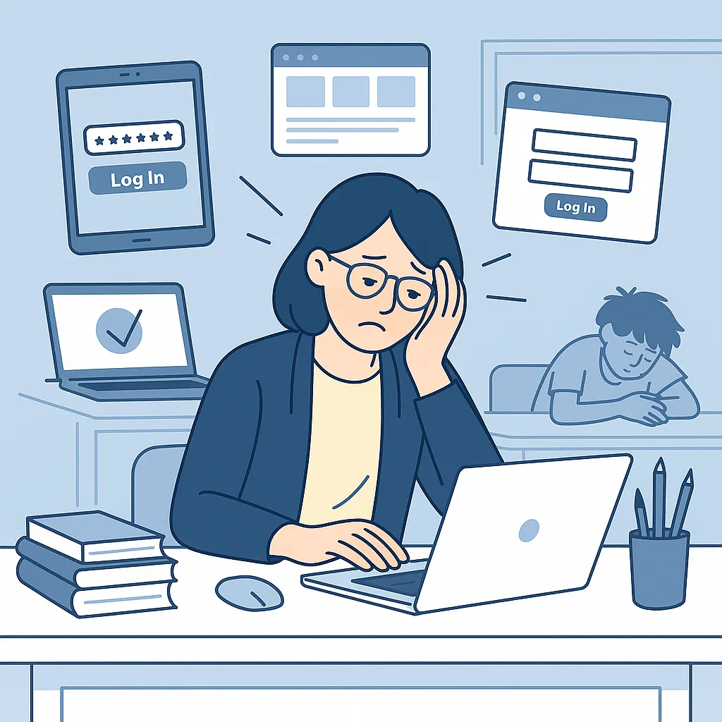 Teacher struggling with multiple tools.