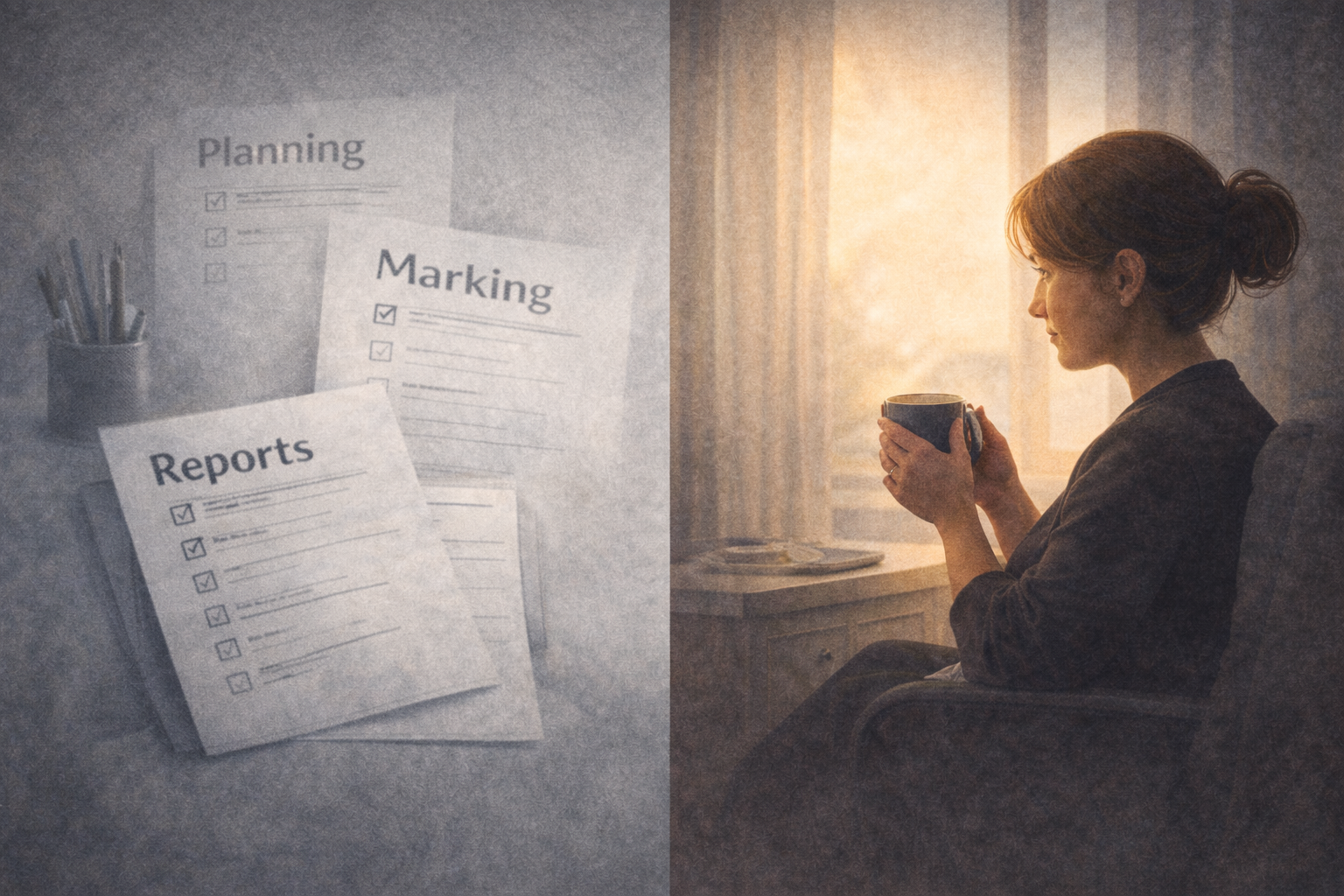 Illustration showing teaching admin tasks in the background while the teacher remains centred and calm.