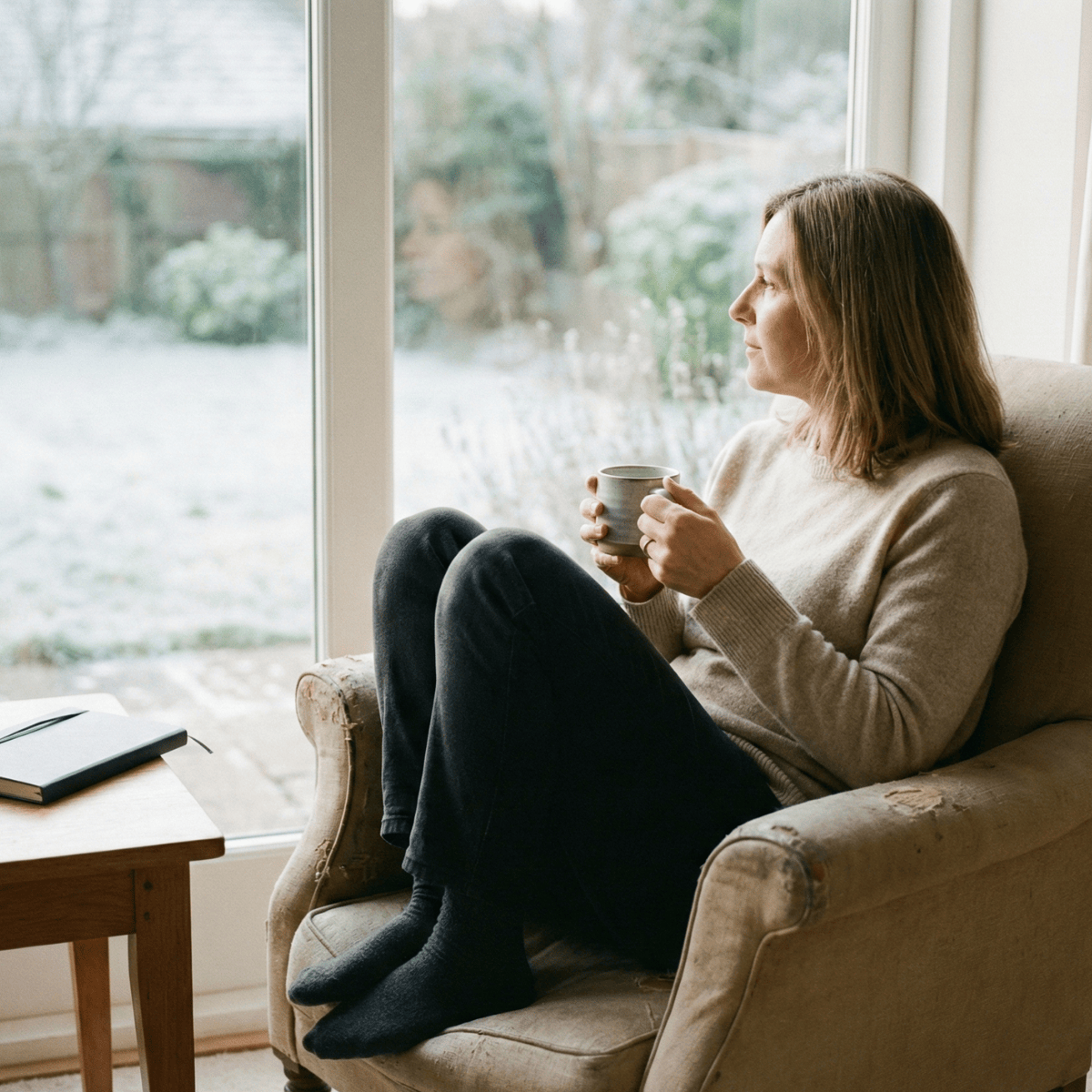 Teacher resting at home during half-term with closed notebook and tea, symbolising recovery and wellbeing.
