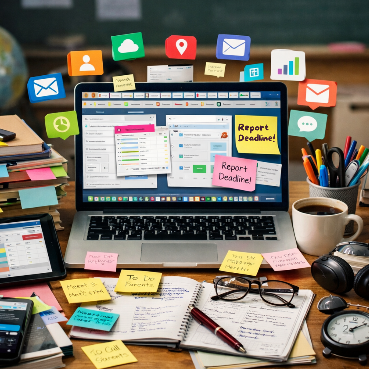 Teachers workdesk where there are full of tools and things to do