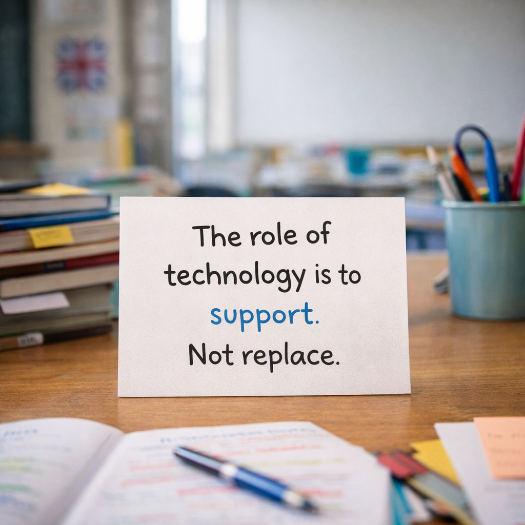 Classroom desk with message “technology should support, not replace teachers” representing balanced use of AI in education