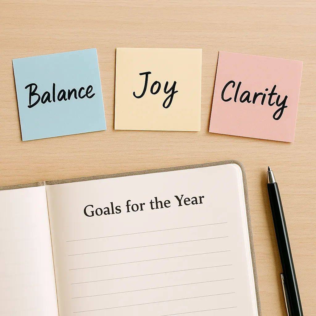Three pastel sticky notes labeled Balance, Joy, and Clarity placed above an open notebook titled “Goals for the Year,” with a pen beside it.