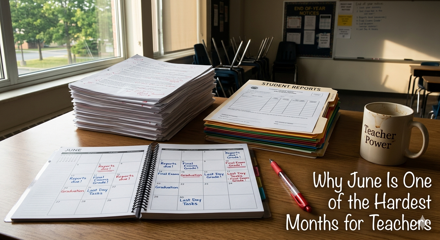 Teacher desk and classroom at the end of the school day showing June teacher workload and end-of-year reports