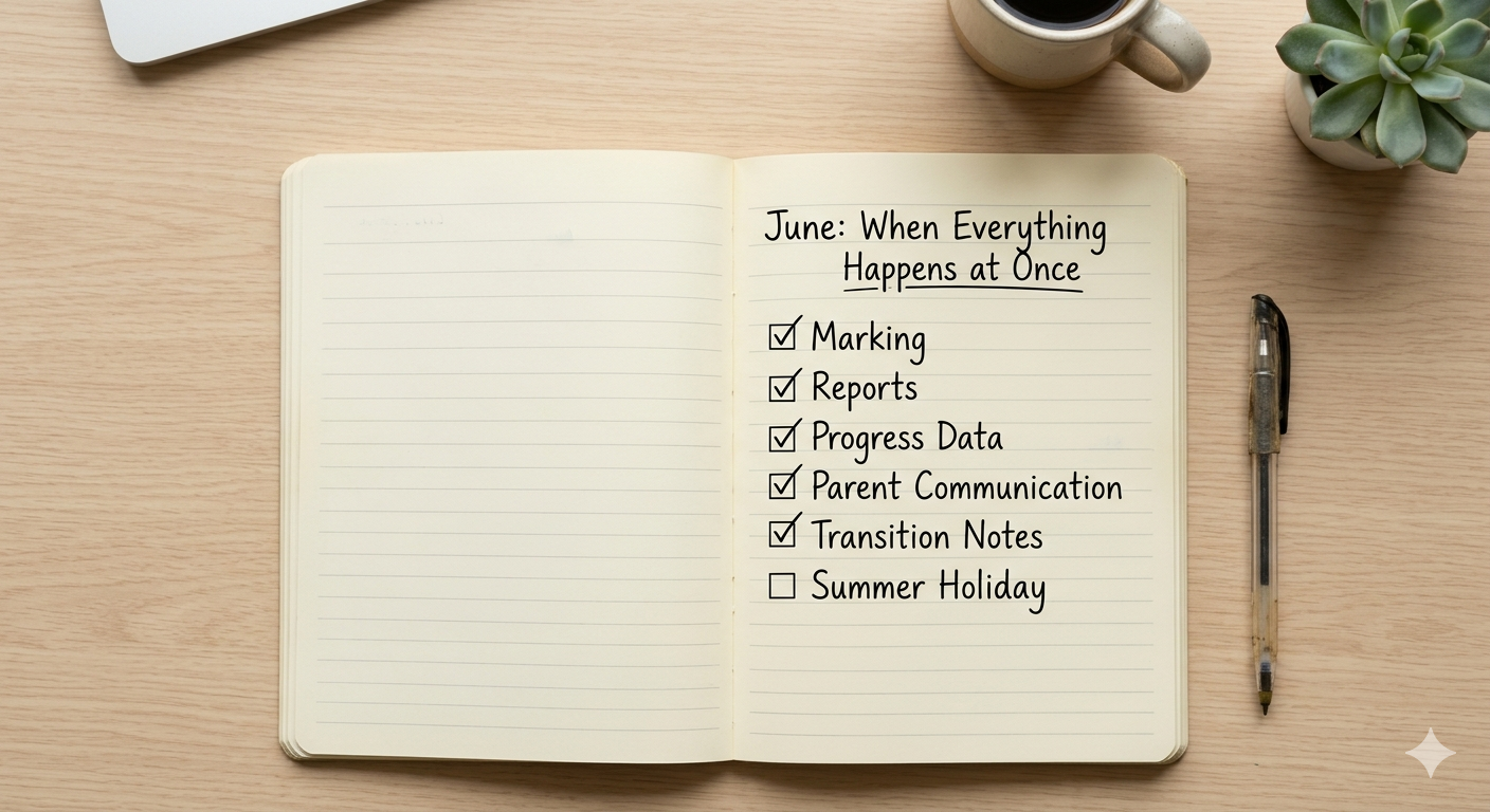 Teacher workload in June with reports, marking and classroom administration tasks